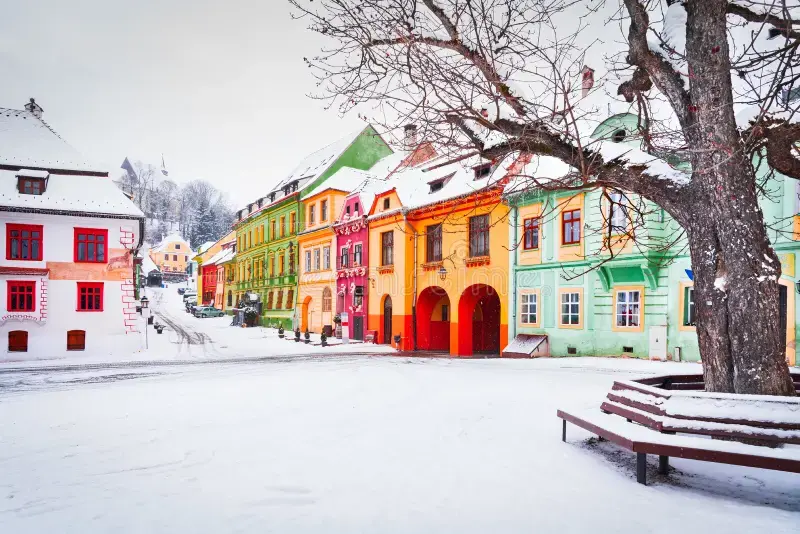 Sighisoara transylvania winter romania snowy medieval citadel city historic region