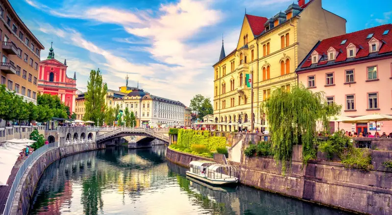 Cityscape view on ljubljanica river canal in ljubljana old town ljubljana is the capital of slovenia and famous european